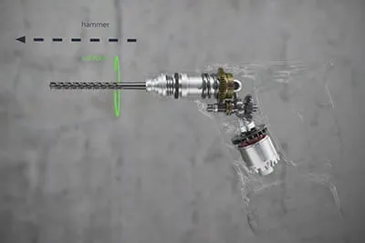 Beim Bohrhammer BHC 18 entwickelt ein pneumatisches Schlagwerk eine leistungsstarke Schlagenergie, die in Axialrichtung wirkt. 