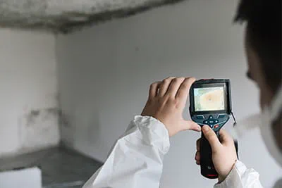 Auf dem Display der Wärmebildkamera wird die Ausbreitung des Schimmelbefalls erkennbar.