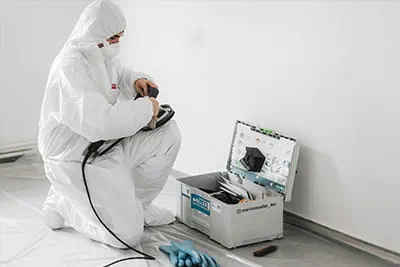 Der Sanierungsschleifer RG 130 wird für den Abtrag der befallenen Schichten mit der passenden Diamantscheibe ausgerüstet.